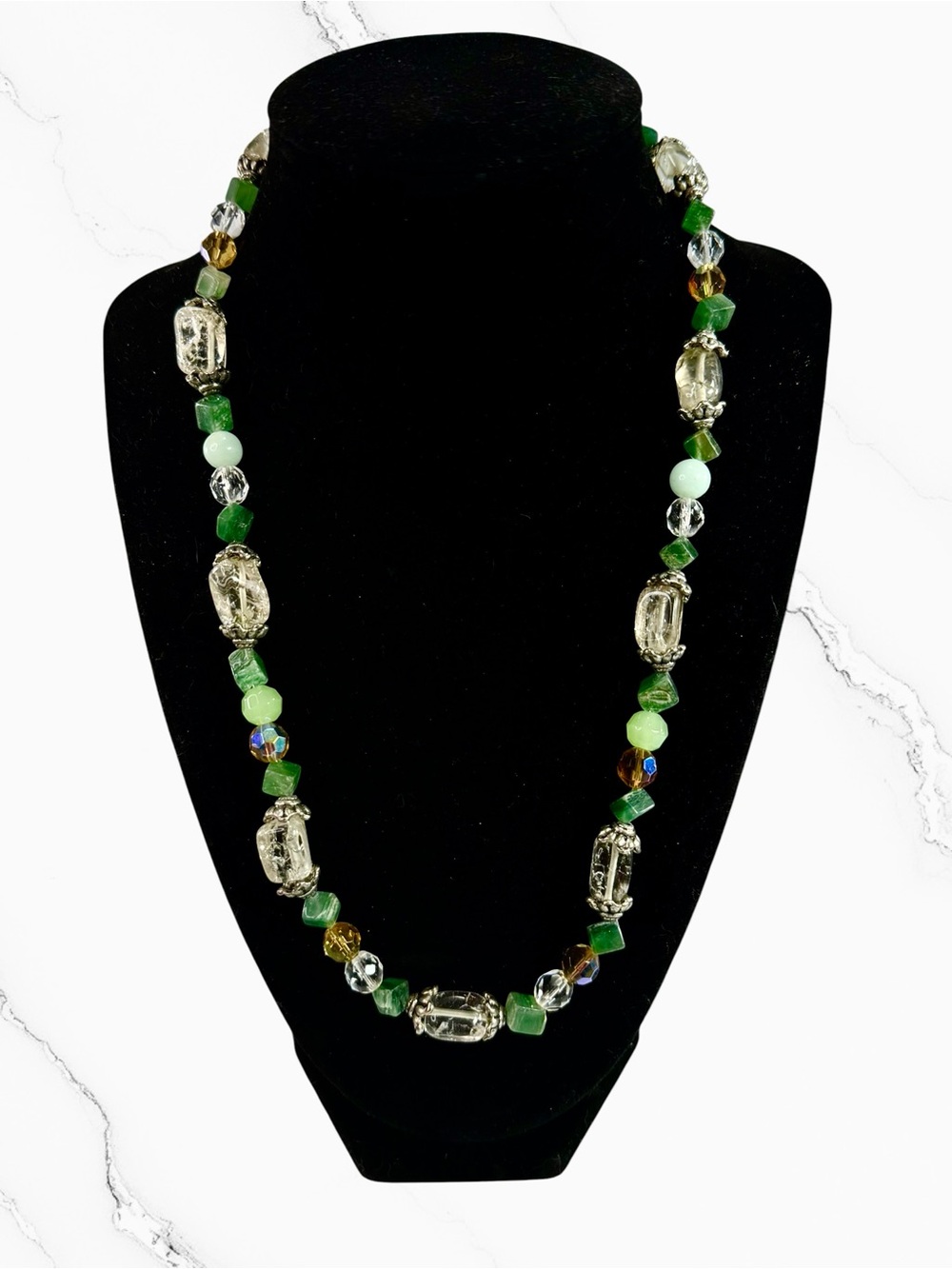 Vintage Clear Quartz Jade Faceted Beaded Silver Tone Heart Toggle Necklace 18”